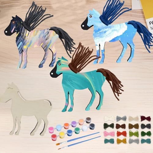 24 Pcs Wooden Horse Craft Christmas Unfinished Wooden Cutout Horses Painting Kit with Paint Brushes & Yarn DIY Cowboy Horse Craft Paint You Own Art for Xmas Home Party Favors$$Art & Craft