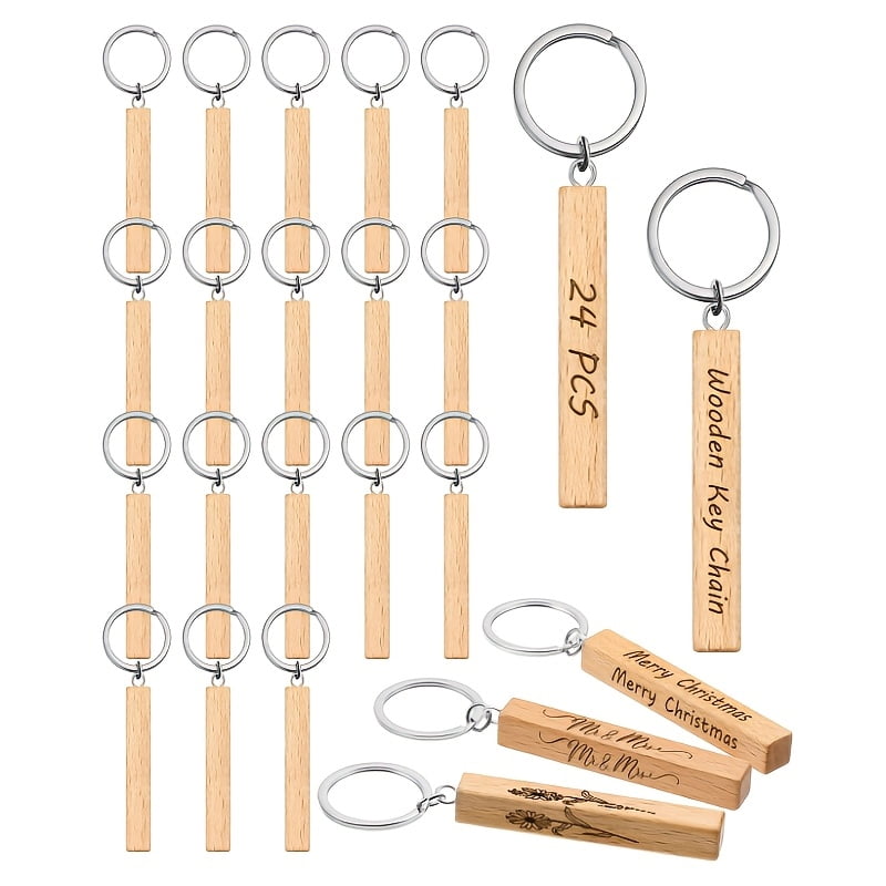 24 Pcs Wooden Keychain Blanks for DIY Crafts, Unfinished Wood Key Rings ...