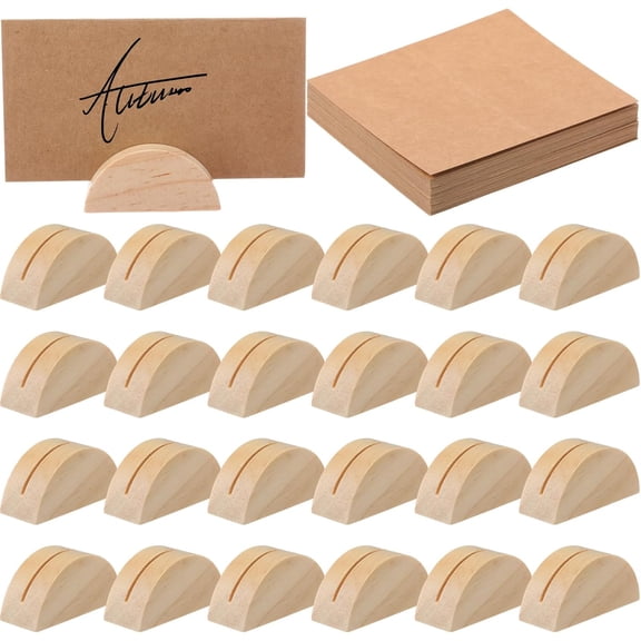 24 Pcs Wooden Table Number Stands Wedding Table Name Holder Semicircular Design Place Card Holders with 24 Pcs Tented Cards for Retail Shop Wedding Party Events Decoration (Wood Color)