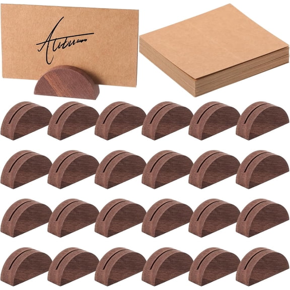 24 Pcs Wooden Table Number Stands Wedding Table Name Holder Semicircular Design Place Card Holders with 24 Pcs Tented Cards for Retail Shop Wedding Party Events Decoration(Brown)