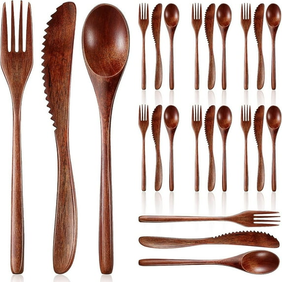 24 Pcs Wooden Utensils for Eating Wooden Spoon Fork Knife Cutlery Set Kitchen Wood Dinner Flatware Tableware Set Includes Spoon, Fork, Knife Phoebe Wood