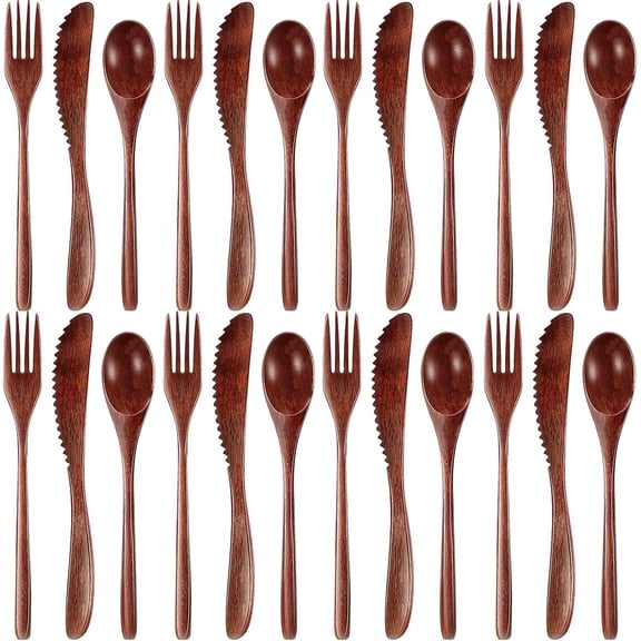 24 Pcs Wooden Utensils for Eating Wooden Spoon Fork Knife Cutlery Set Kitchen Wood Dinner Flatware Tableware Set Includes Spoon, Fork, Knife