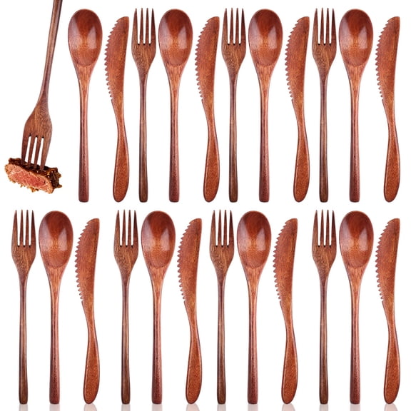 24 Pcs Wooden Utensils for Eating Wooden Spoon Fork Knife Cutlery Set Kitchen Wood Dinner Flatware Tableware Set Includes Spoon, Fork, Knife