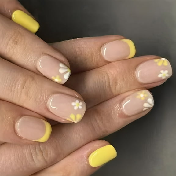 24 Pcs Yellow French Tip Stick On Nails Glossy False Nails Short Square Press On Nails Flowers Artificial Acrylic Nails