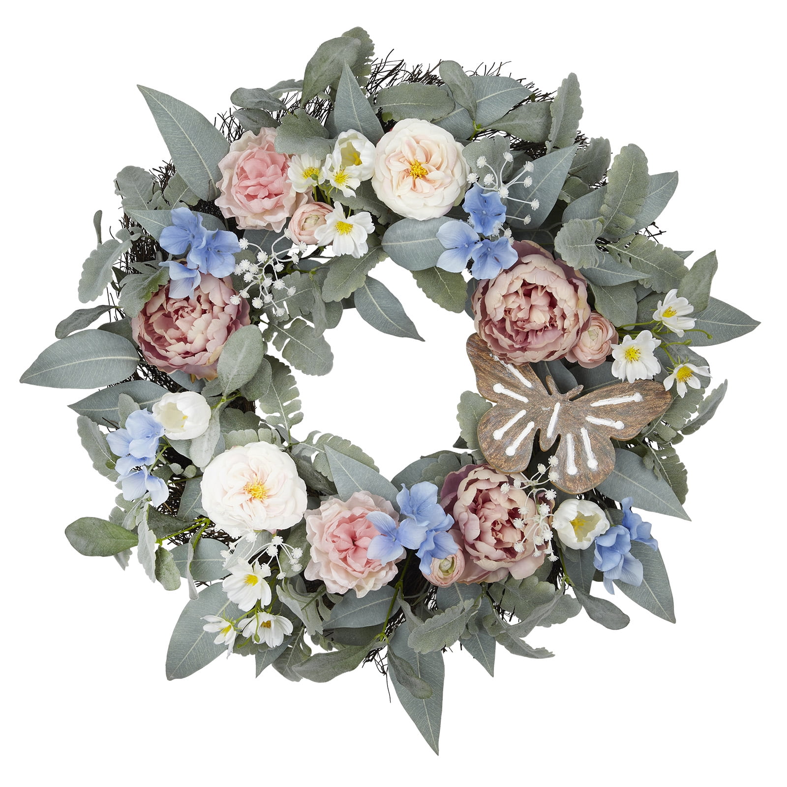 24" Peach and Blue Artificial Floral Spring Wreath with Butterfly
