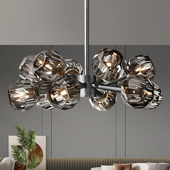 24" Pearl Black Crystal Chandelier - 12-Light G9 Bulbs Included, 23.6" Fixed Chain & 12 Smoked Glass Shades for Dining Room Foyer