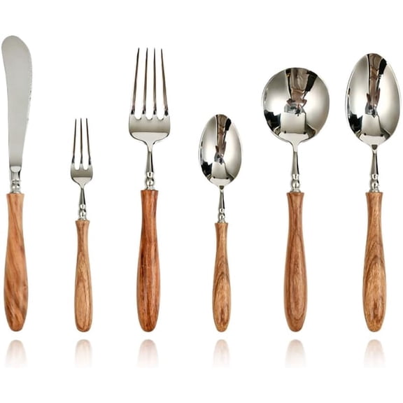 24 Piece 18 10 Stainless Steel Silverware Cutlery Set with Natural Wood Handle Service for 6 Mirror Polished