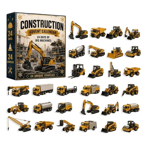 24-Piece 2D Acrylic Construction Vehicle Toy Set - Engineering Truck Surprise Holiday Countdown Calendar for Kids Pretend Play, Party Favors & Tabletop Decor