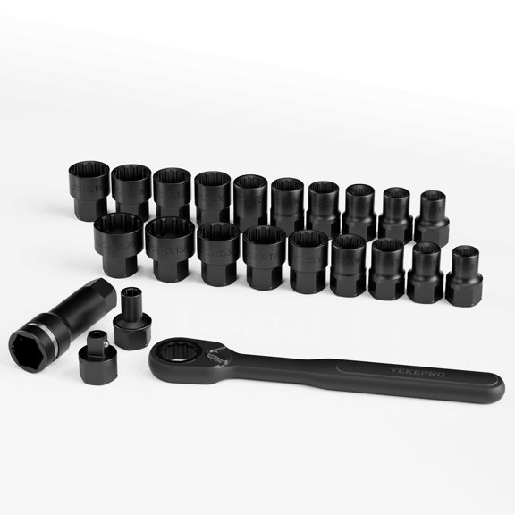 24-Piece 3/8" SAE & Metric Pass-Through Socket Set with Reversible Ratchet, Non-Slip Extractor Sockets for Damaged & Stubborn Fasteners