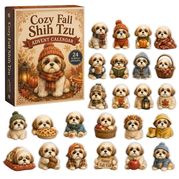 24-Piece Acrylic Ornament Advent Calendar, Cozy Fall Shih Tzu Themed Holiday Tree Decor Set