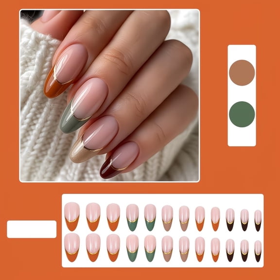 24-Piece Almond-Shaped Press-On Nails Set - Chic Multicolor Nail Art with Gold Line Accents
