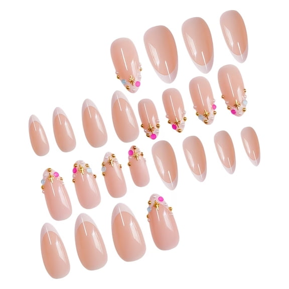24-Piece Almond-Shaped Press-On Nails Set with French Lace and Rhinestones - Stylish Nail Art for Women and Girls