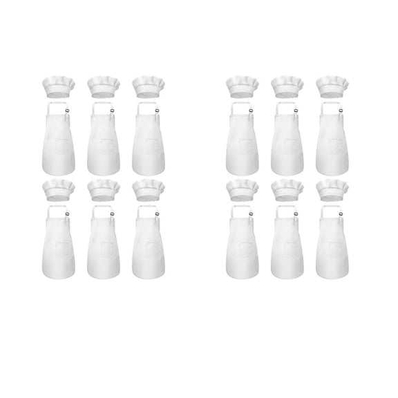 24-Piece Apron and Chef Hat Set, Adjustable Children's Apron with Pockets (White, Suitable for 2-6 Year Old S)