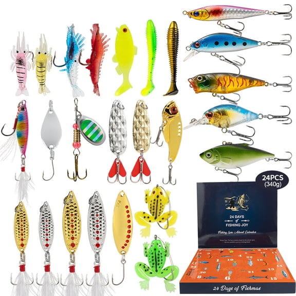 24-Piece Assorted Fishing Lures Set With Hooks & Weights - 24-Day Xmas Advent Calendar Fishing Lure Gift Set - For Fishermen, Anglers, Fishing Enthusiasts, Outdoor Sports Lovers,