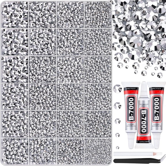 24-Piece Assorted Resin Fashion Nail Art Rhinestones with Tweezers for Crafting, 2-6mm Mixed Sizes Flatback Gems, Bedazzling Crystal for DIY Crafts Clothing Tumblers Mugs Shoes Fabric Nail Art Silver
