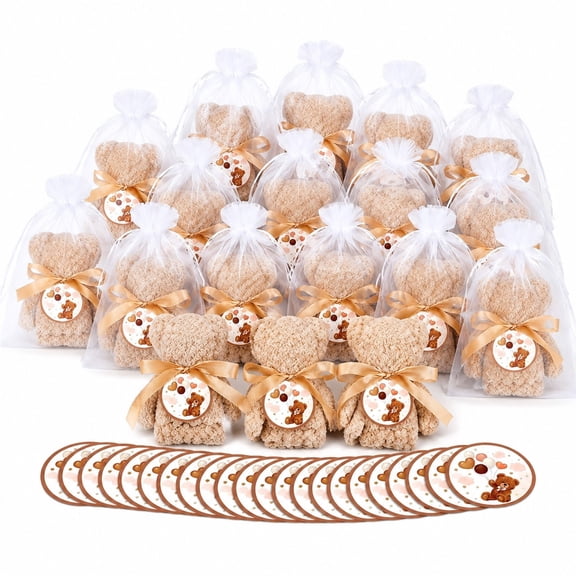 24-Piece Bear Towel Gift Set - Soft Coral Fleece Hand Towels with Organza Bags and Greeting Cards for Baby Showers, Christenings, Baptisms, and Party Favors