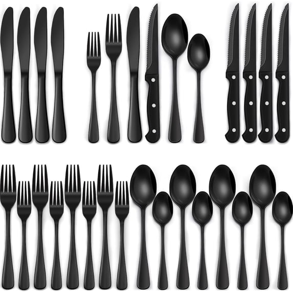 Black Silverware Set for 4, 24-Piece Stainless Steel Flatware Set with Steak Knives, Dishwasher Safe