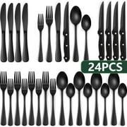 24 Pcs Gold Silverware Set with Steak Knives, Stainless Steel Flatware Cutlery Set Service for 4, Kitchen Tableware Set, Utensil Set for Home and Restaurant, Knives Forks Spoon Set, Dishwasher Safe