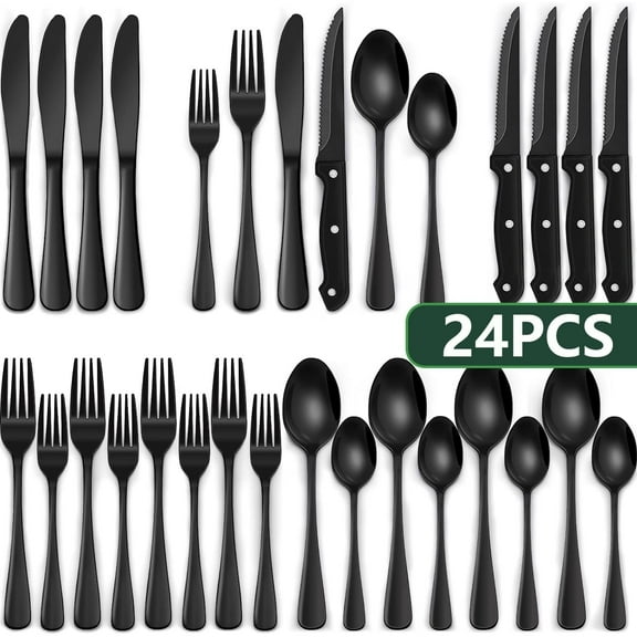 24-Piece Black Silverware Set with Steak Knives, AOKIWO Black Flatware Set for 4, Food-Grade Stainless Steel Tableware Cutlery Set, Mirror Finished Utensil Sets for Home Restaurant