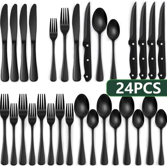 24-Piece Black Silverware Set with Steak Knives, AOKIWO Black Flatware Set for 4, Food-Grade Stainless Steel Tableware Cutlery Set, Mirror Finished Utensil Sets for Home Restaurant