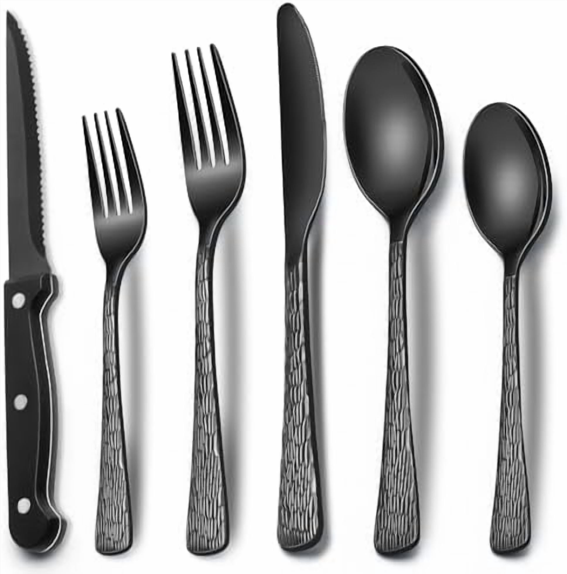 Silverware Pine Tree Pattern 24-Piece Black Silverware Set with Steak Knives, Black Flatware Set for ...