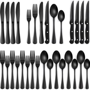 24-Pieces Black Silverware Set with Steak Knives, AOKIWO Black Flatware Set for 4, Food-Grade Stainless Steel Tableware Cutlery Set, Mirror Finished Utensil Sets for Kitchen Restaurant