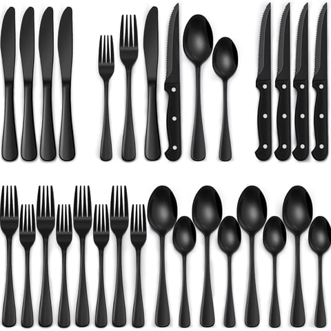 24-Pieces Black Silverware Set with Steak Knives, AOKIWO Black Flatware Set for 4, Food-Grade Stainless Steel Tableware Cutlery Set, Mirror Finished Utensil Sets for Kitchen Restaurant