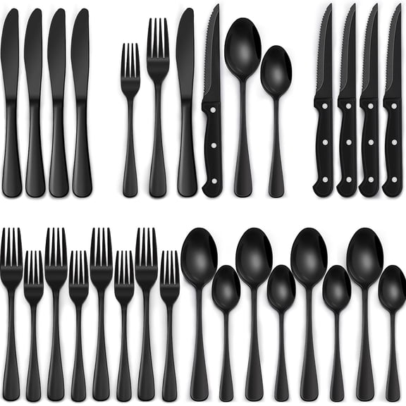 24-Pieces Black Silverware Set with Steak Knives, AOKIWO Black Flatware Set for 4, Food-Grade Stainless Steel Tableware Cutlery Set, Mirror Finished Utensil Sets for Kitchen Restaurant
