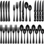 24-Pieces Black Silverware Set with Steak Knives, AOKIWO Black Flatware Set for 4, Food-Grade Stainless Steel Tableware Cutlery Set, Mirror Finished Utensil Sets for Kitchen Restaurant