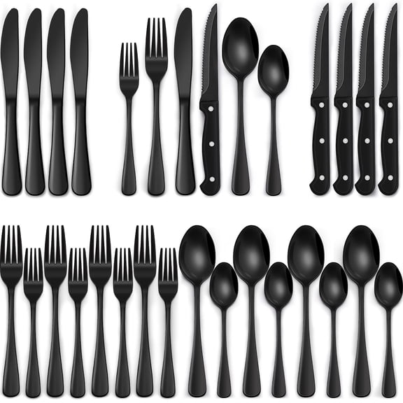 24-Piece Black Silverware Set with Steak Knives, Black Flatware Set for 4, Food-Grade Stainless Steel Tableware Cutlery Set, Mirror Finished Utensil Sets for Home Restaurant, Round Edge