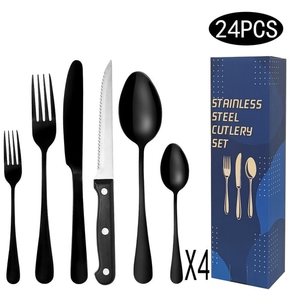 24-Piece Black Silverware Set with Steak Knives, Black Flatware Set for 4, Food-Grade Stainless Steel Tableware Cutlery Set, Mirror Finished Utensil Sets for Home Restaurant