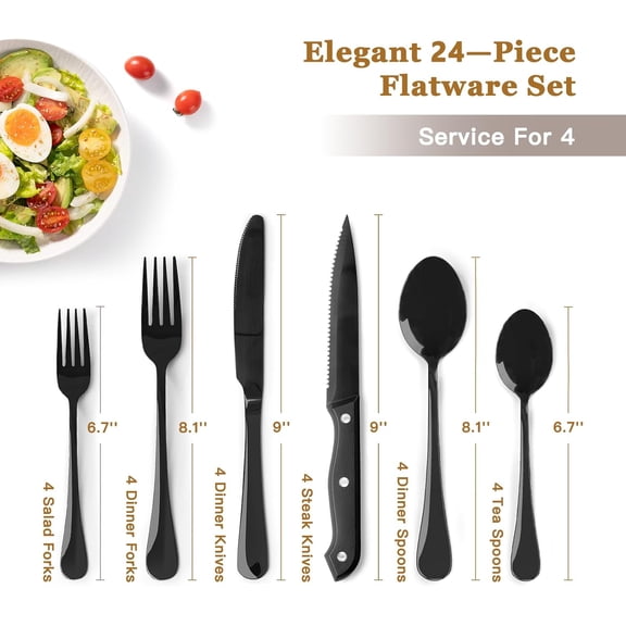 24-Piece Black Silverware Set with Steak Knives Flatware Set for 4 Food-Grade Stainless Steel Cutlery Set Mirror Polished Utensils Set Include Spoons and Forks for Home Kitchen Restaurant