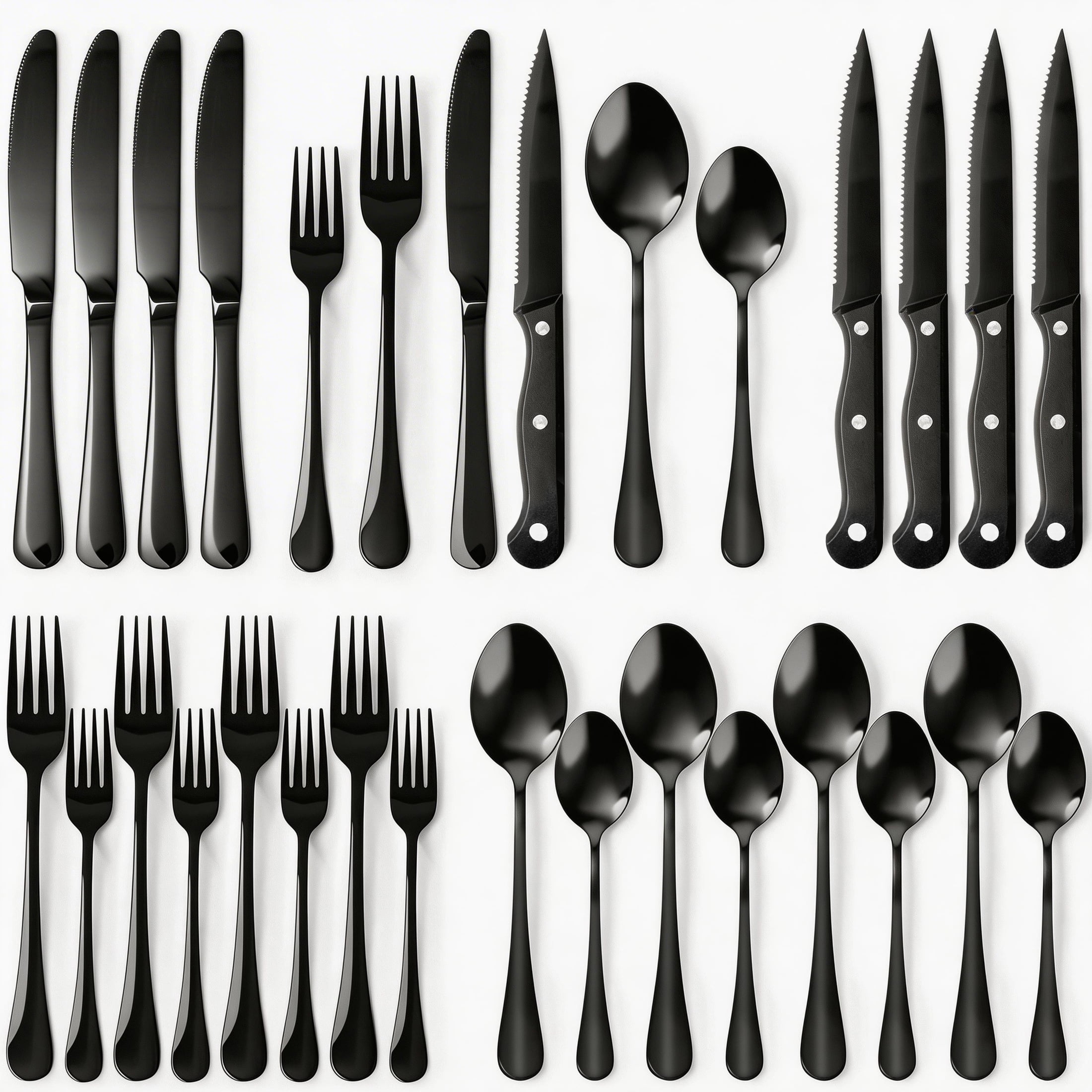 24-Piece Black Silverware Set with Steak Knives, Food-Grade Stainless Steel Flatware Set for 4, Mirror Polished Utensils Set for Kitchen Restaurant, Include Knife Fork Spoon Set