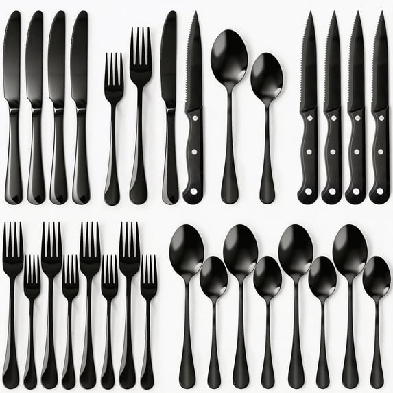 24-Piece Black Silverware Set with Steak Knives, Food-Grade Stainless Steel Flatware Set for 4, Mirror Polished Utensils Set for Kitchen Restaurant, Include Knife Fork Spoon Set