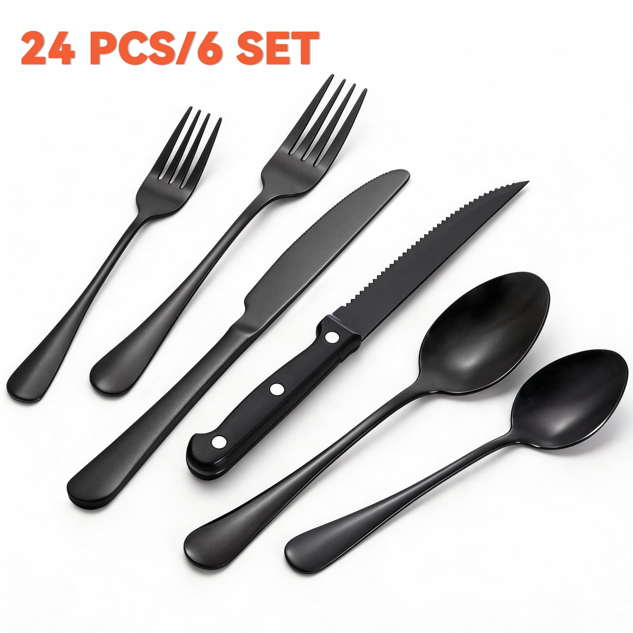 Black Silverware Set for 4, 24‑Piece Stainless Steel Flatware Cutlery Set, Include Steak Knives, Forks, Spoons, Knives, Mirror Black Utensils Set for Home Kitchen Dining, Dishwasher Safe