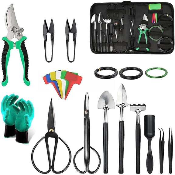 24 Piece Bonsai Tree Kit, Bonsai Trimming Tool Set, Bonsai Starter Kit, Carbon Steel Scissors Cutter Shears, Stainless Steel Rake Shovel, Gardening Pruning Tools, Gloves