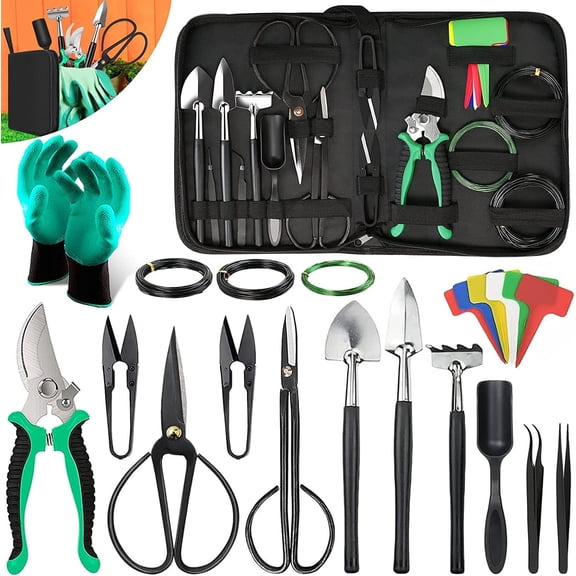 24 Piece Bonsai Tree Kit, Bonsai Trimming Tool Set, Bonsai Starter Kit, Carbon Steel Scissors Cutter Shears, Stainless Steel Rake Shovel, Gardening Pruning Tools, Gloves