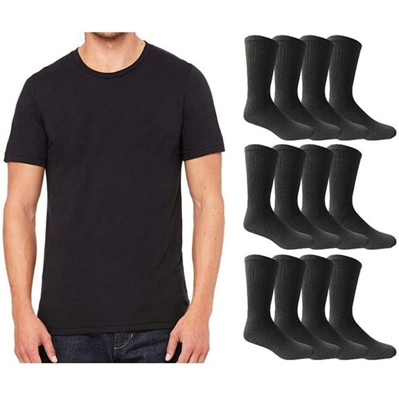 24 Piece Bulk Case Mens/Womens T-Shirt and Crew Sock Set, Travel, Charity Supply