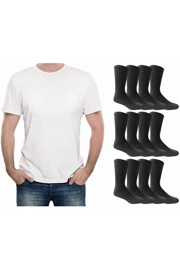 24 Piece Bulk Case Mens/Womens T-Shirt and Crew Sock Set, Travel, Charity Supply
