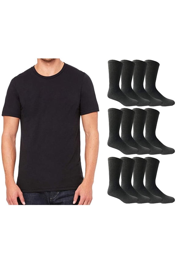 24 Piece Bulk Case Mens/Womens T-Shirt and Crew Sock Set, Travel, Charity Supply