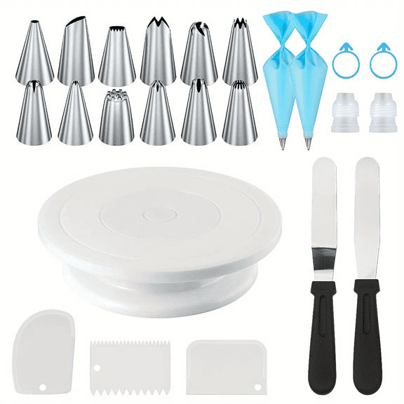 24-Piece Cake Decorating Set- Non-Slip Turntable with 12 Piping Tips,Scrapers&Tools for Professional Baking Tools Piping Nozzles