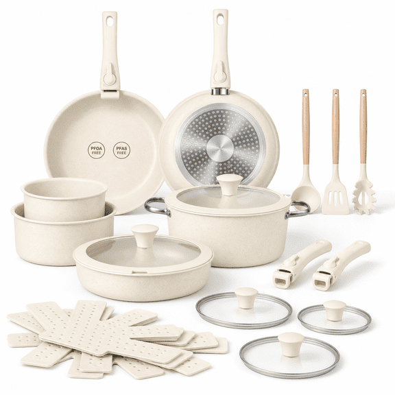 24 Piece Ceramic Nonstick Cookware Set, Removable Handles, Space Saving