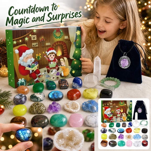 24 Piece Christmas Advent Calendar Natural Crystal Gemstone Blind Box, Holiday Countdown Gift for Women Teens Kids, Educational Rock Collection Mineral Specimens Decor