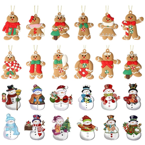 24 Piece Christmas Ornaments Set - 12 Wooden Snowmen and 12 Gingerbread Men for Christmas Tree Ornaments Wooden Crafts Holiday Decorations Christmas Party Supplies