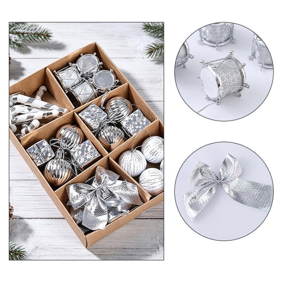 24 Piece Christmas Tree Ornaments Set Mini Shatterproof Holiday Tree Hanging Decorations Assorted Candy Cane Gift Box Drum Bow Baubles with Pre-Tied Strings for Small Large Trees Wreath