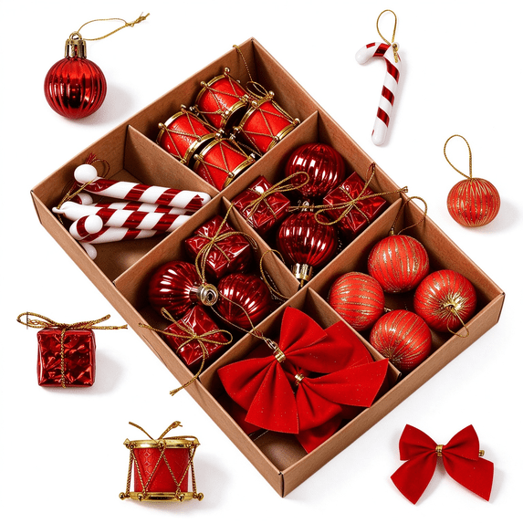 24 Piece Christmas Tree Ornaments Set Mini Shatterproof Holiday Tree Hanging Decorations Assorted Candy Cane Gift Box Drum Bow Baubles with Pre-Tied Strings for Small Large Trees Wreath