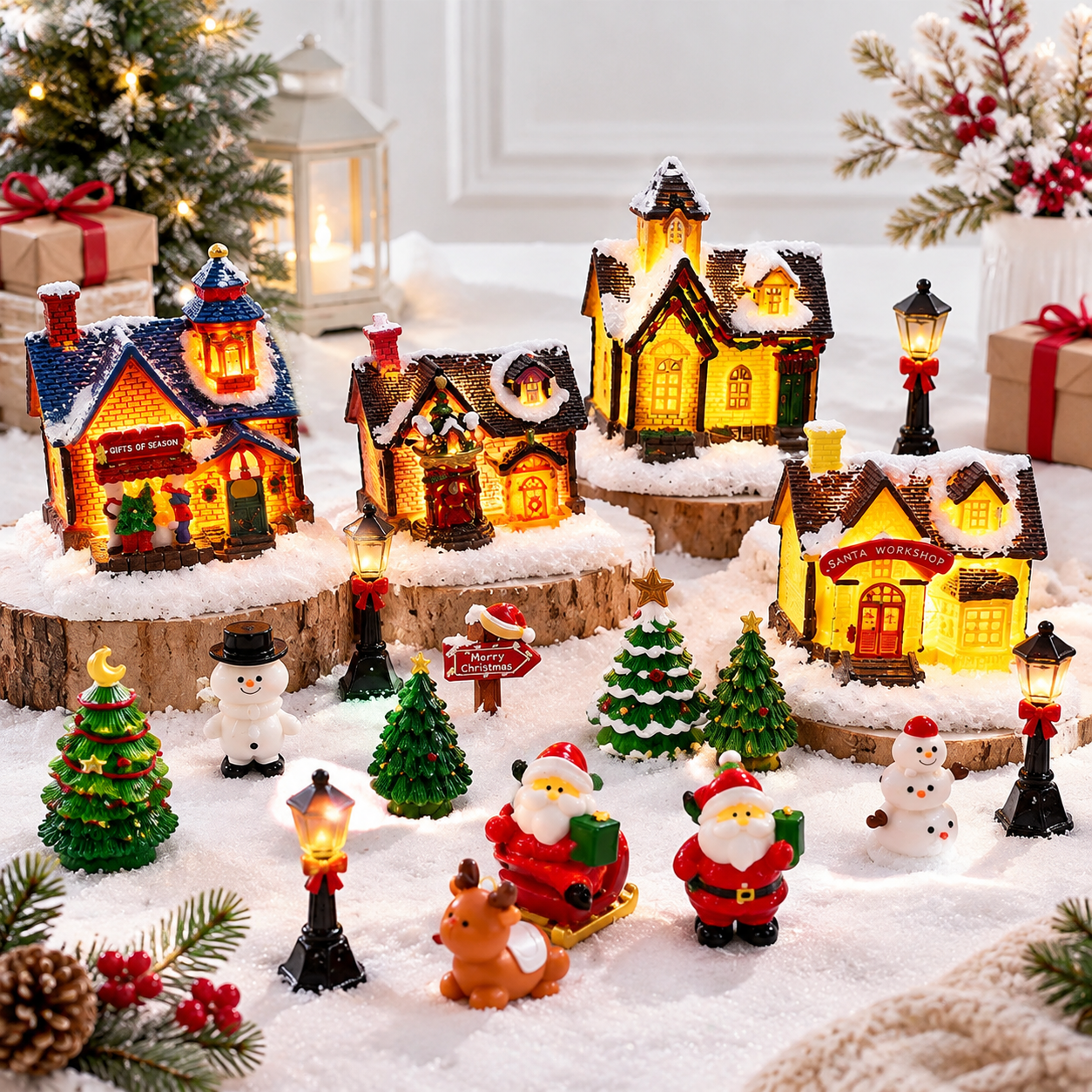 Mini Led Braclet 24-Piece Christmas Village Scene Kit with LED Lighted Houses and Mini ...