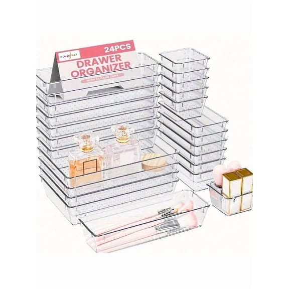 24 Piece Clear Plastic Drawer Organizer Bins, Versatile Acrylic Trays for Makeup Vanity, Kitchen Junk Drawer, Bathroom and Office Desk Storage, Multi-Size Stackable Container Set