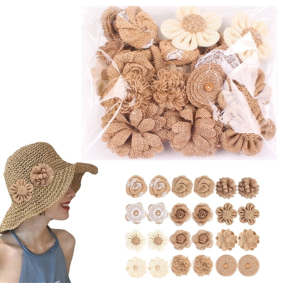 24-Piece Coarse Cotton Fabric Flowers - Natural Handmade Rustic Rose & Lace Embellishments For Diy Craft Decor