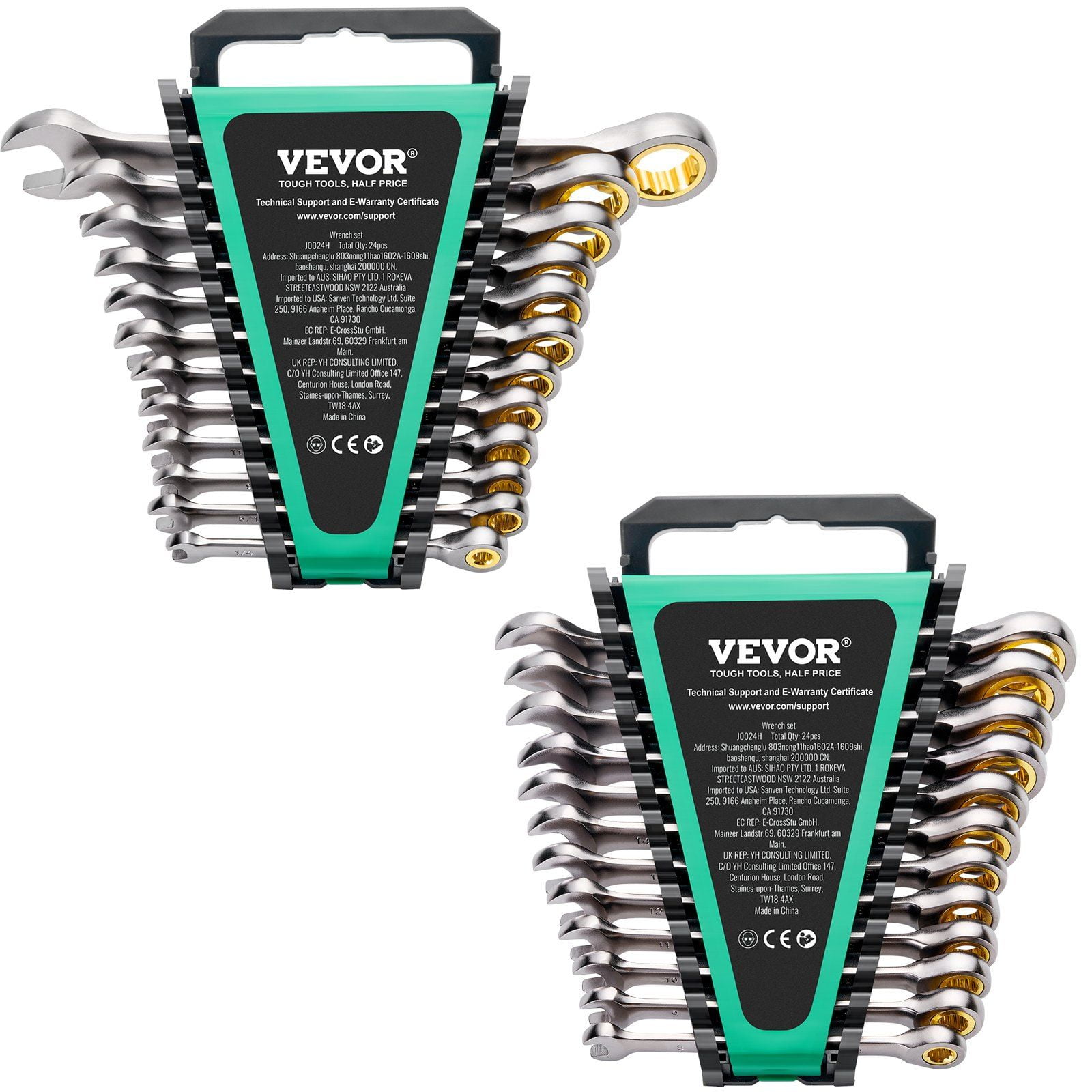 24-Piece Combination Ratcheting Wrench Set with Organizer Rack, Cr-V Steel, SAE 1/4" to 7/8" & Metric 8mm to 19mm, Ideal for Household, Automotive, and Emergency Repairs